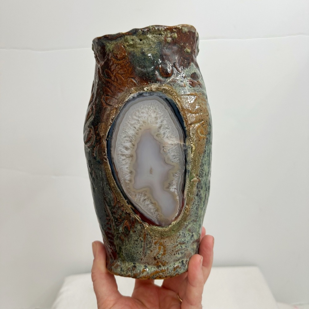 Terrance M Bedell Studio Pottery Vase Handmade‎ signed '14 Brown Geode luminary